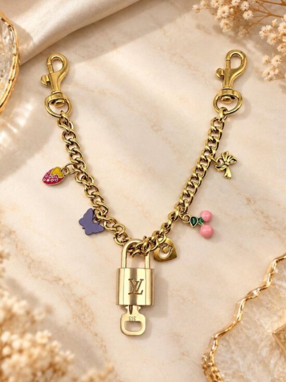 Authentic Louis Vuitton Gold Padlock with Unbranded Decorative Bag Chain / Charm